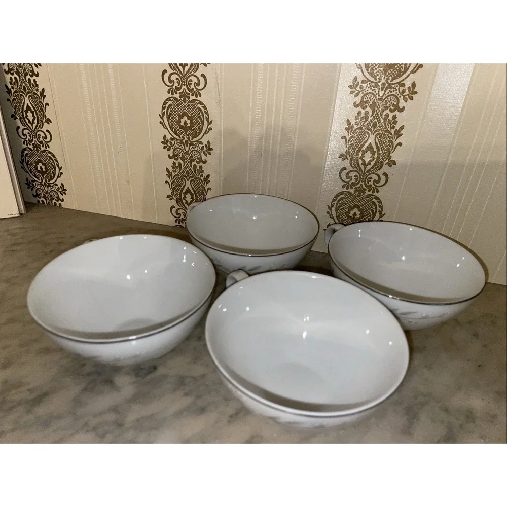 St Regis Fine China Coffee/Tea Cup ONLY 101 White‎ Floral, Silver Japan Set of 4
